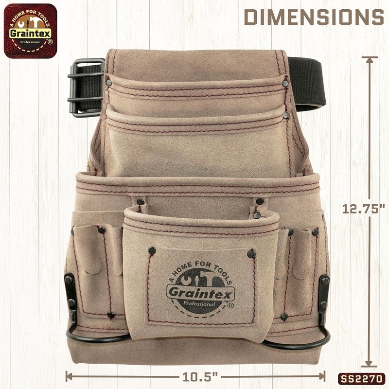 Graintex SS2270 10 Pocket Nail & Tool Pouch Beige Color Suede Leather with 2â€ Leather/Webbing Belt for Constructors, Electricians, Plumbers, Handymen - Image 3